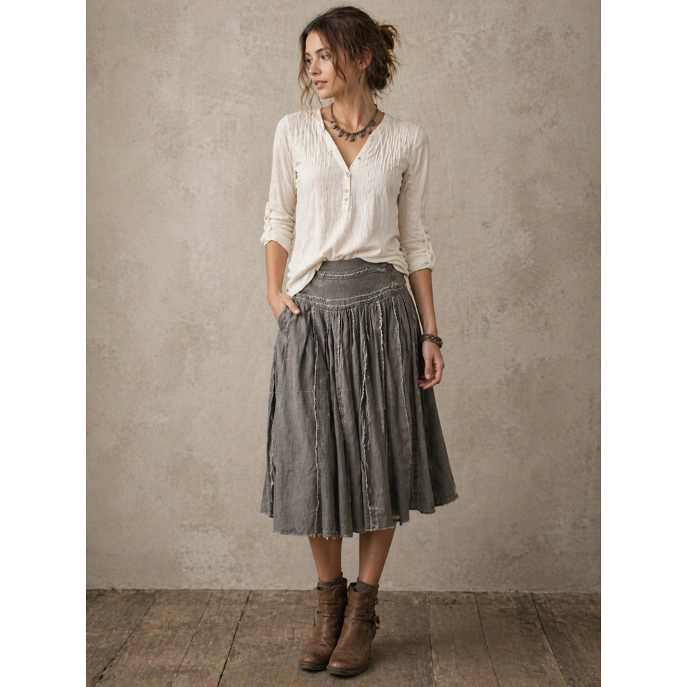 Lagenlook Khaki Flowing Midi Skirt Cottagecore Frayed Hem Peasant Festival SP